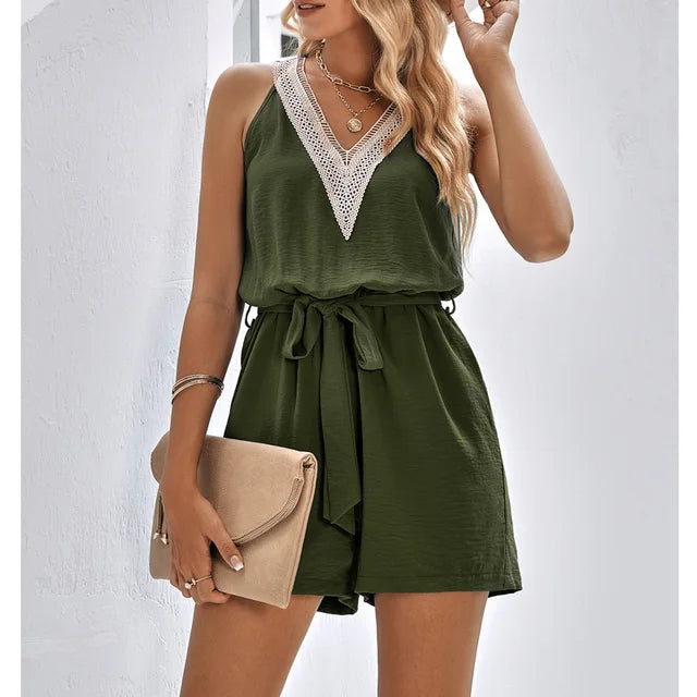 Lace Summer Jumpsuit with V-Neck and Shorts – Sorelle-Dark green-S-State of Style