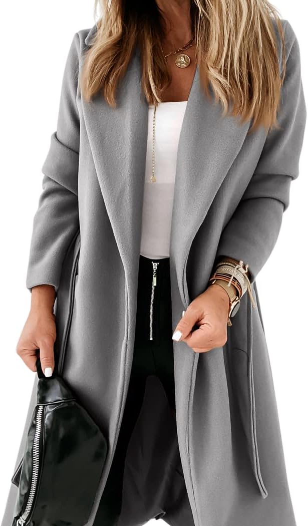 Ladies Classic Coat with Notched Collar and Open Front – Paulina-Gray-S-Nora Luxe