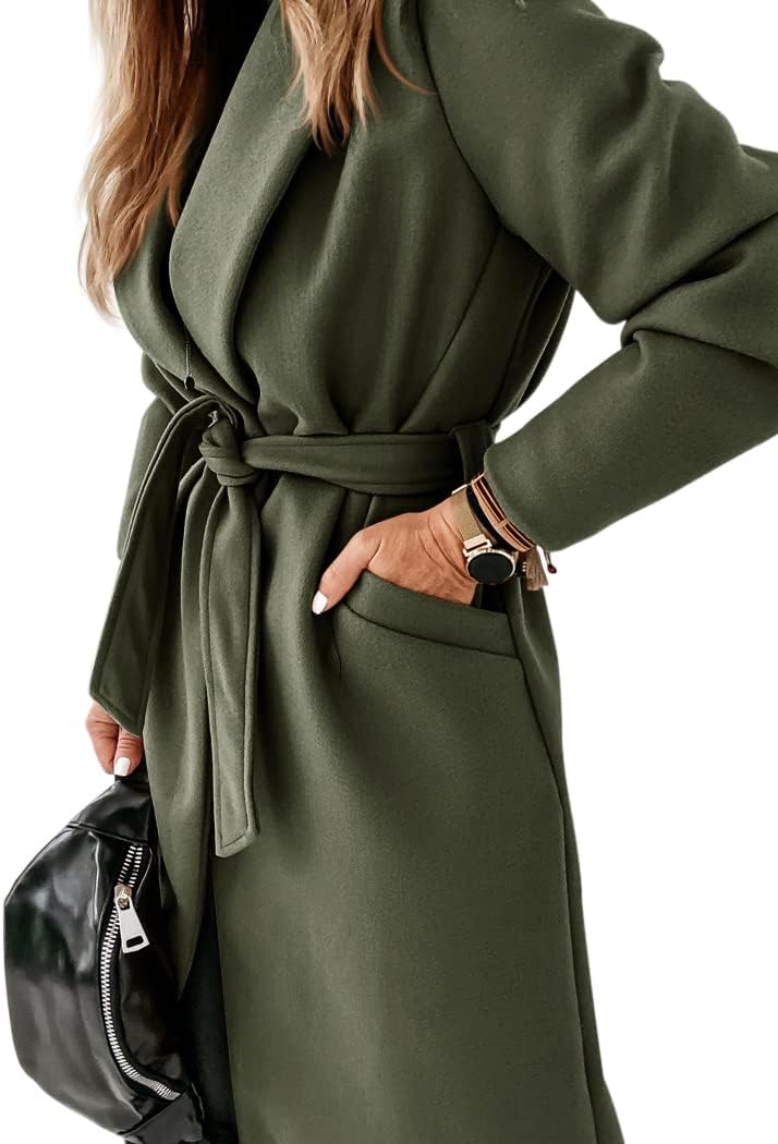 Ladies Classic Coat with Notched Collar and Open Front – Paulina-Olive Green-S-Nora Luxe