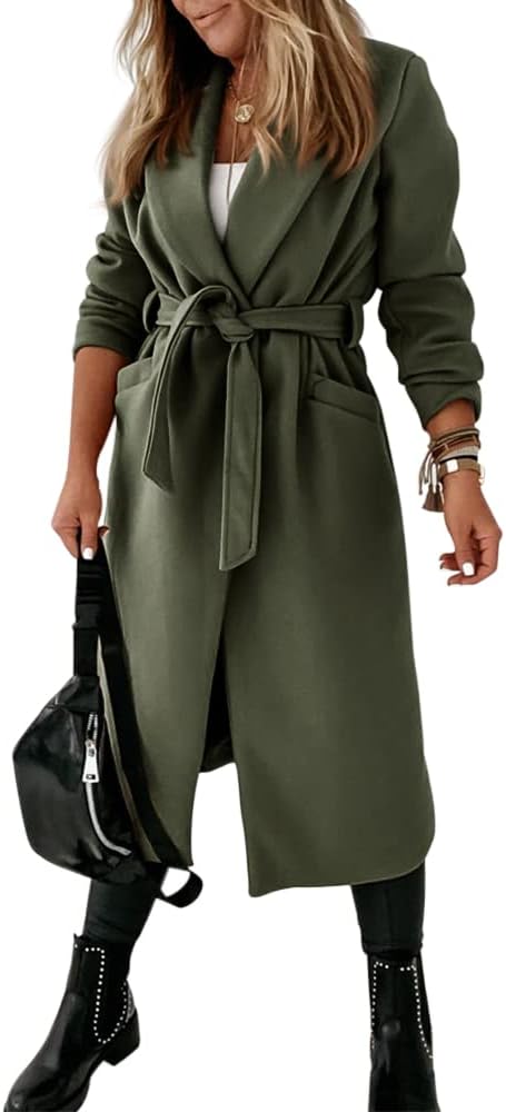Ladies Classic Coat with Notched Collar and Open Front – Paulina-Olive Green-S-Nora Luxe