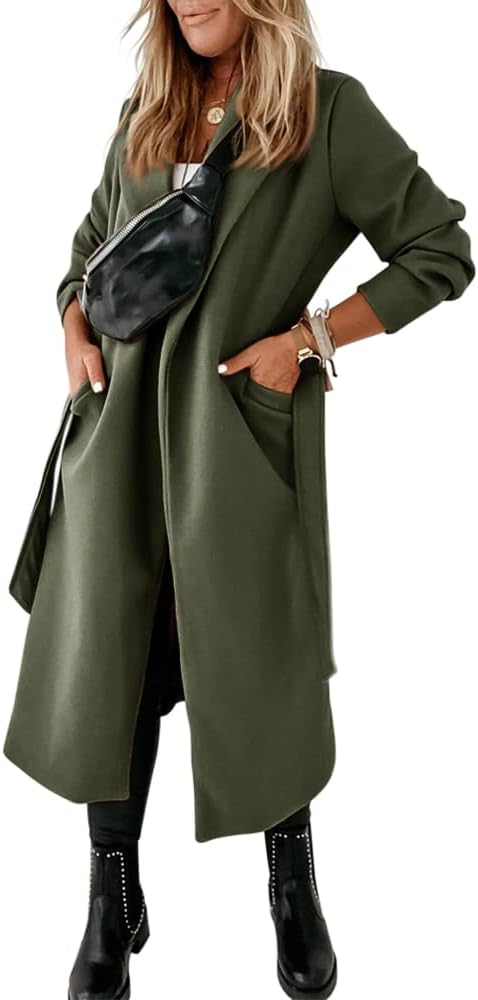 Ladies Classic Coat with Notched Collar and Open Front – Paulina-Olive Green-S-Nora Luxe