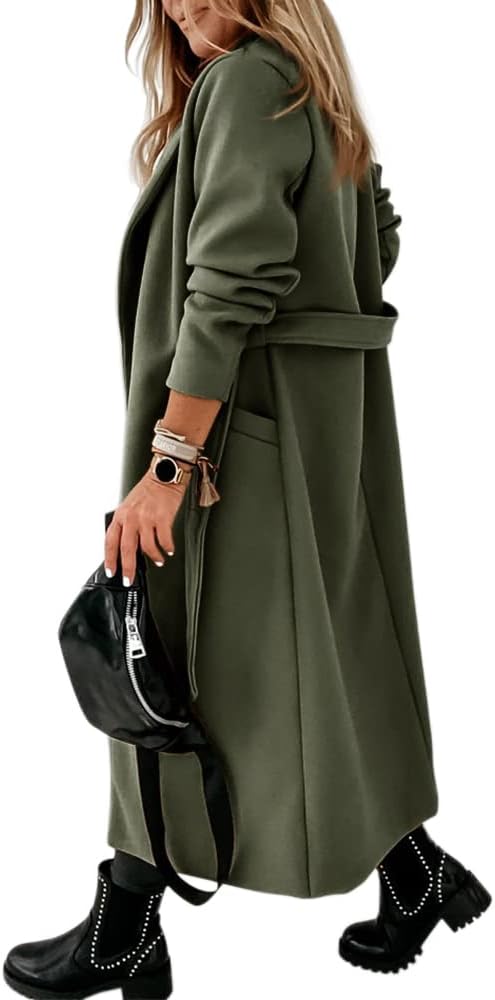 Ladies Classic Coat with Notched Collar and Open Front – Paulina-Olive Green-S-Nora Luxe
