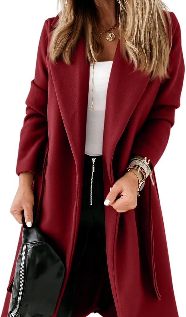 Ladies Classic Coat with Notched Collar and Open Front – Paulina-Wine Red-S-Nora Luxe