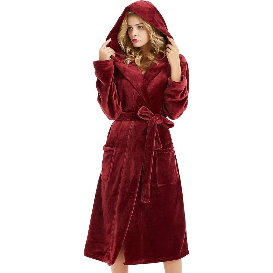 Ladies Fleece Bathrobe with Hood – Vivianne-Bordeaux Red-S-M-Nora Luxe