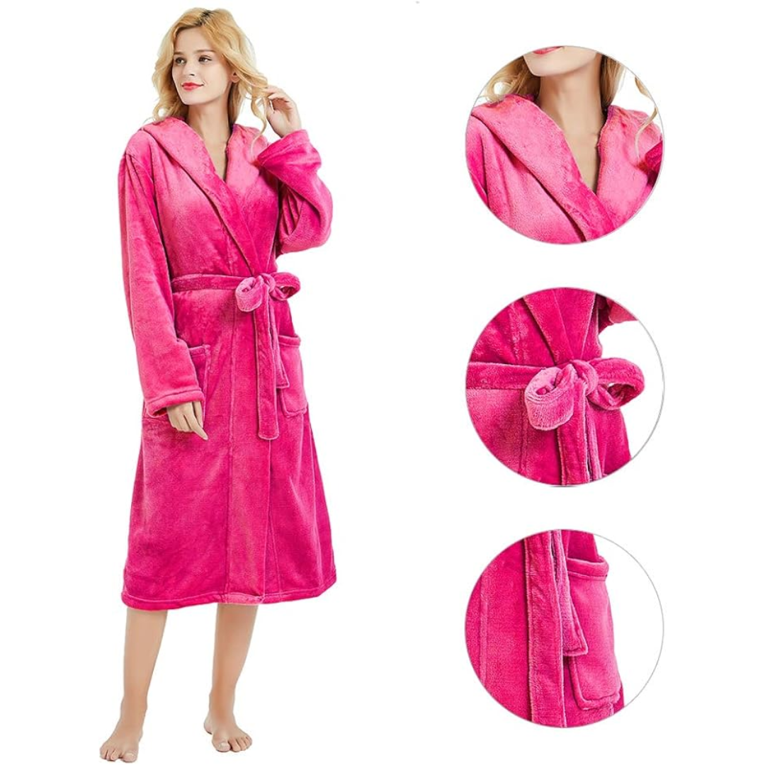 Ladies Fleece Bathrobe with Hood – Vivianne-Bordeaux Red-S-M-Nora Luxe