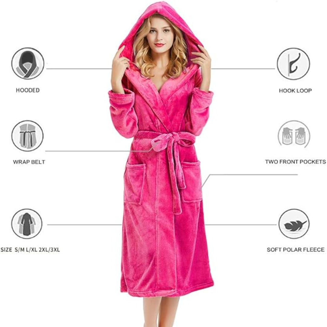 Ladies Fleece Bathrobe with Hood – Vivianne-Bordeaux Red-S-M-Nora Luxe
