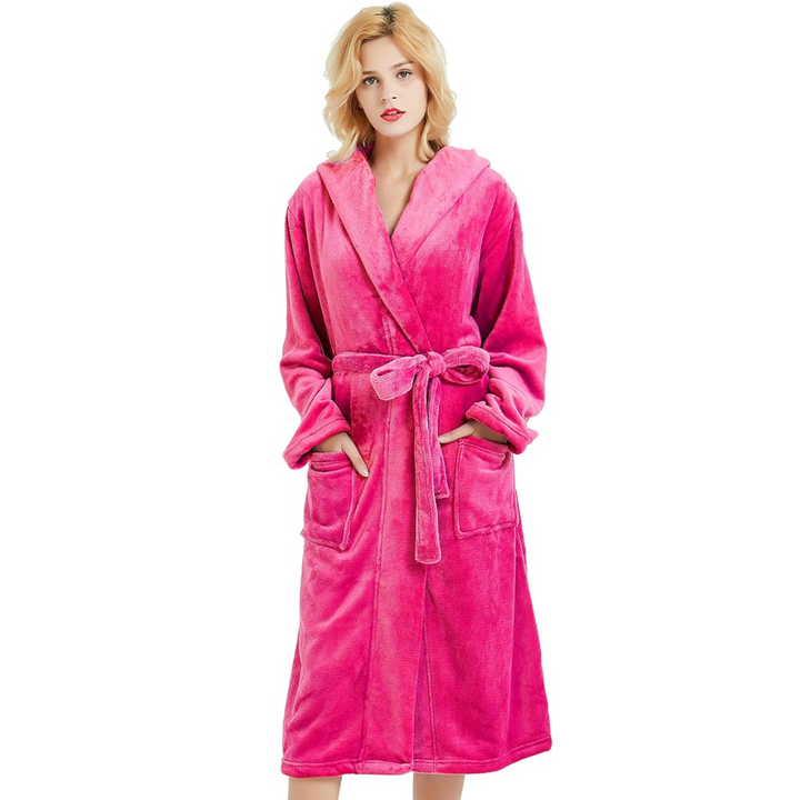 Ladies Fleece Bathrobe with Hood – Vivianne-Bordeaux Red-S-M-Nora Luxe