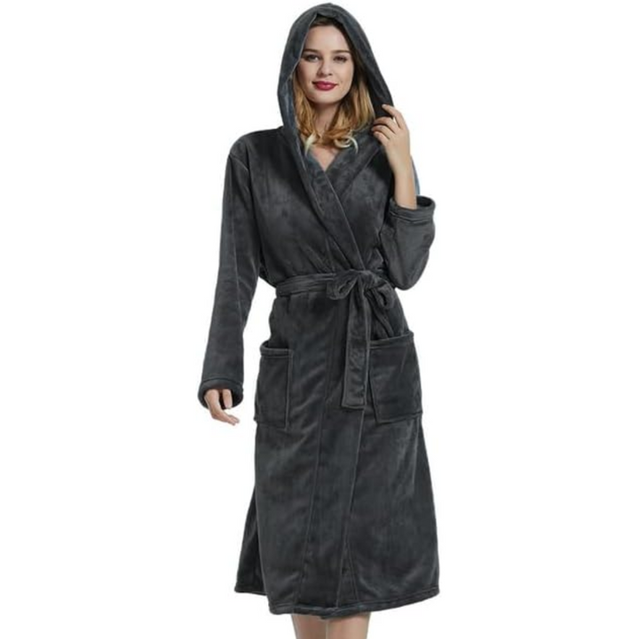 Ladies Fleece Bathrobe with Hood – Vivianne-Dark Gray-S-M-Nora Luxe