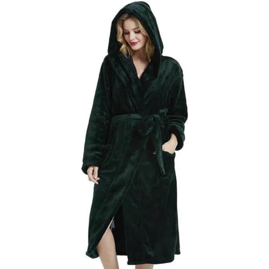 Ladies Fleece Bathrobe with Hood – Vivianne-Dark Green-S-M-Nora Luxe