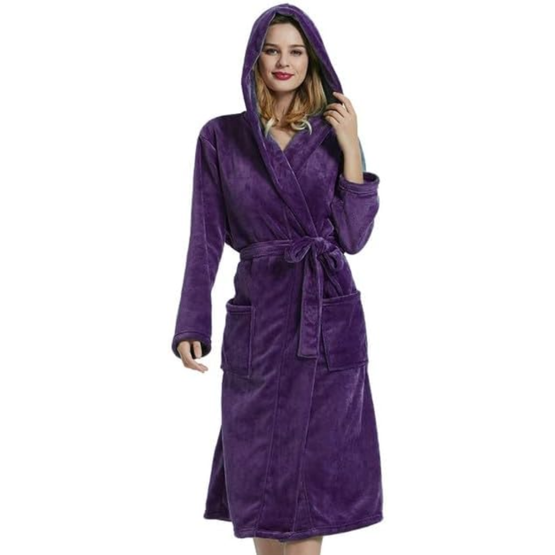 Ladies Fleece Bathrobe with Hood – Vivianne-Dark Purple-S-M-Nora Luxe
