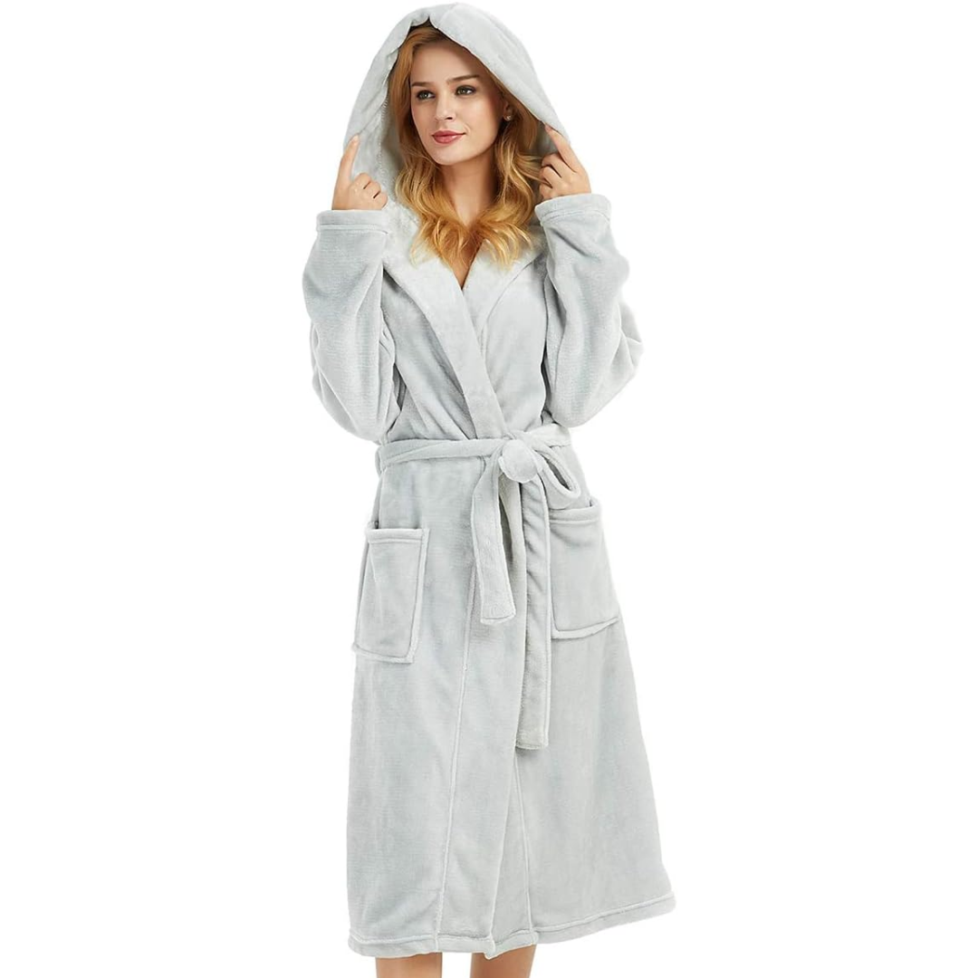 Ladies Fleece Bathrobe with Hood – Vivianne-Light Gray-S-M-Nora Luxe