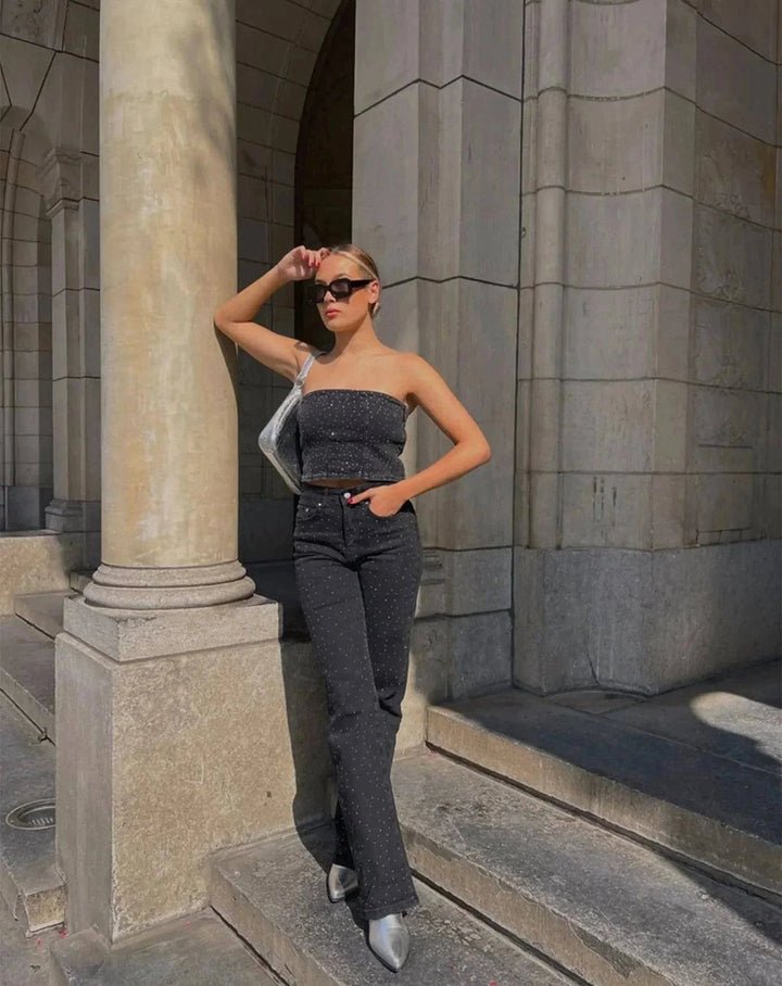 Ladies Glitter Jeans for a Sparkling Look - Jade-Blue Grey-S-The Livary