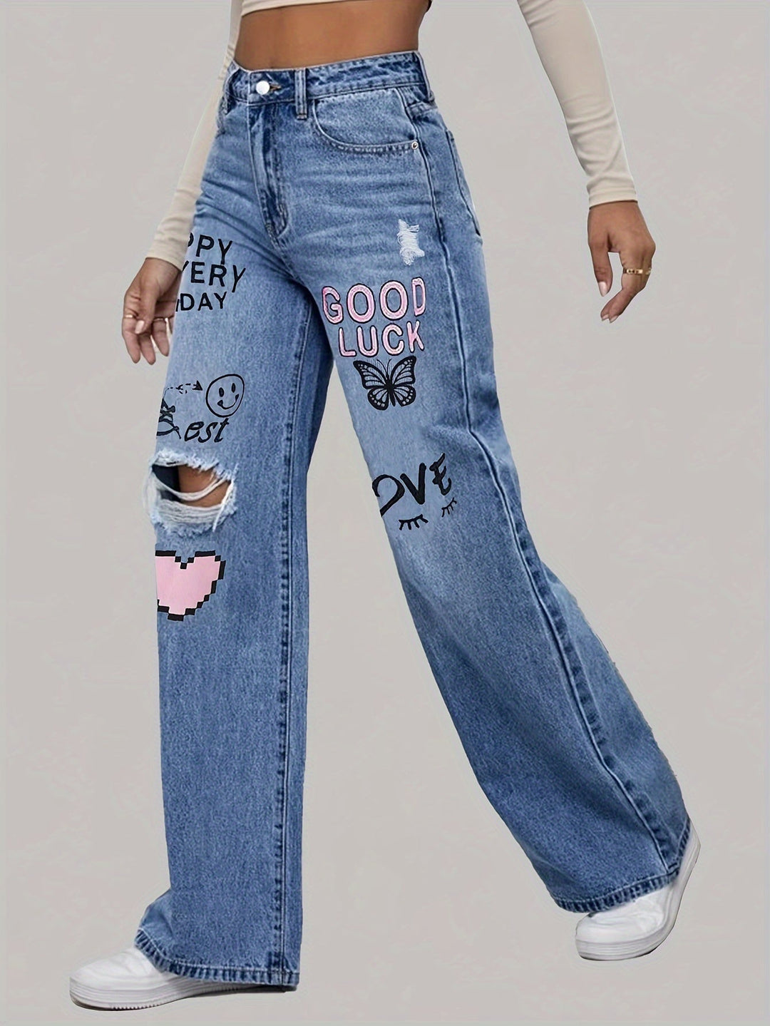 Ladies Jeans with Hearts and Graffiti Print - Lotte-Medium Blue-XS-Nora Luxe