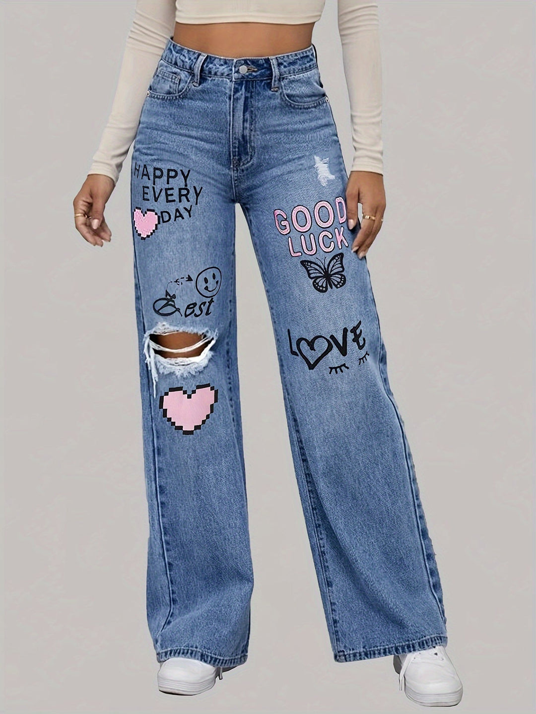 Ladies Jeans with Hearts and Graffiti Print - Lotte-Medium Blue-XS-Nora Luxe
