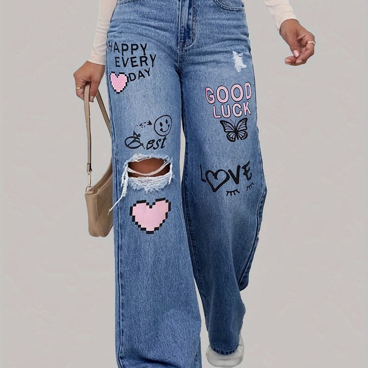 Ladies Jeans with Hearts and Graffiti Print - Lotte-Medium Blue-XS-Nora Luxe