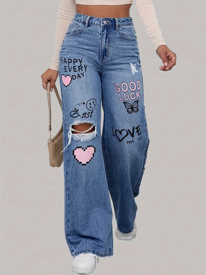 Ladies Jeans with Hearts and Graffiti Print - Lotte-Medium Blue-XS-Nora Luxe