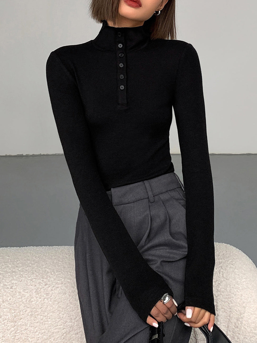 Ladies' Jumper with Buttons - Aurora-Black-XS-Nora Luxe