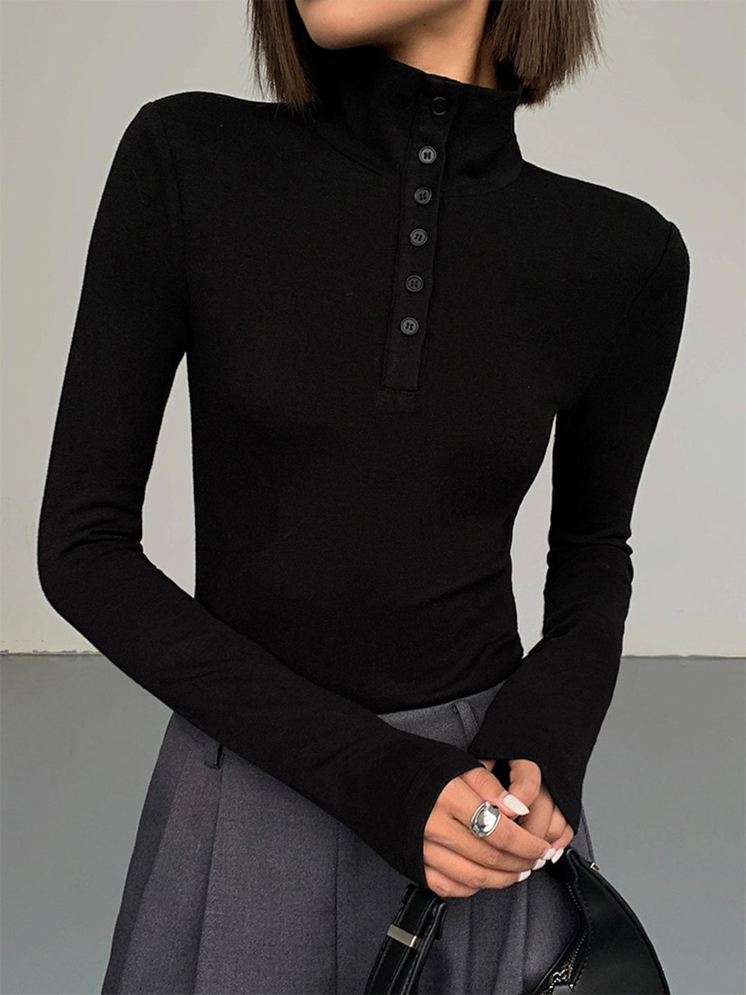 Ladies' Jumper with Buttons - Aurora-Black-XS-Nora Luxe