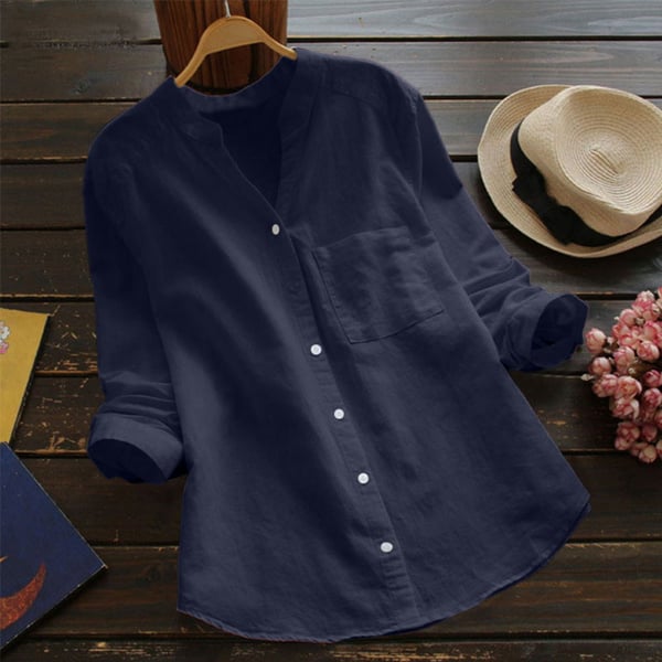 Ladies Linen Shirt with Long Sleeves – Isla-Dark blue-S-The Livary