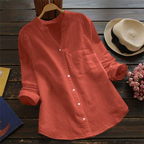 Ladies Linen Shirt with Long Sleeves – Isla-Red-S-The Livary