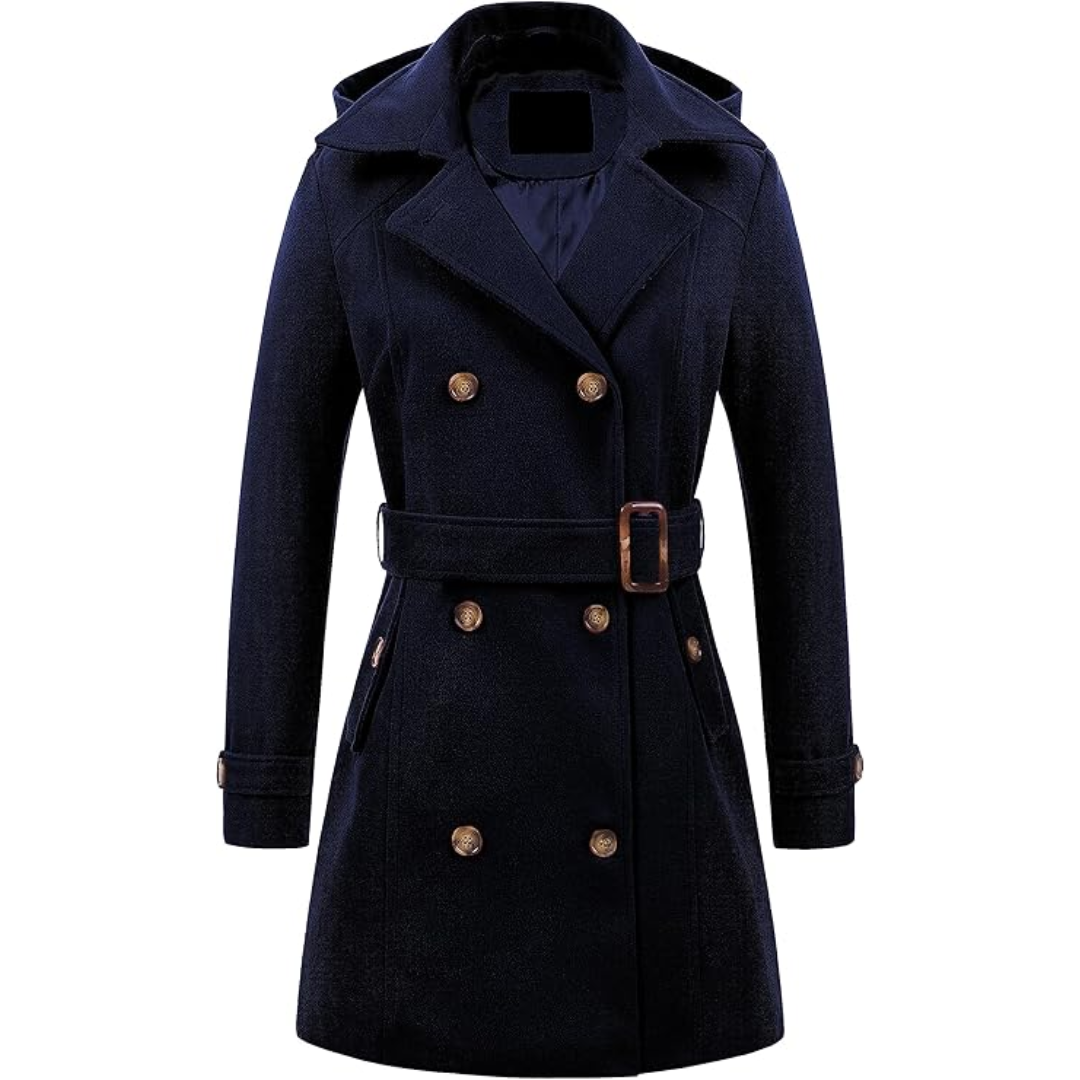 Ladies Padded Winter Trench Coat with Hood - Nina-Marine Blue-S-Nora Luxe