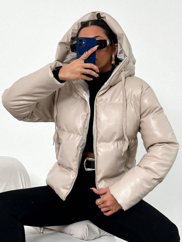 Ladies' Puffer Jacket with Hood - Isabelle-Khaki-S-Nora Luxe