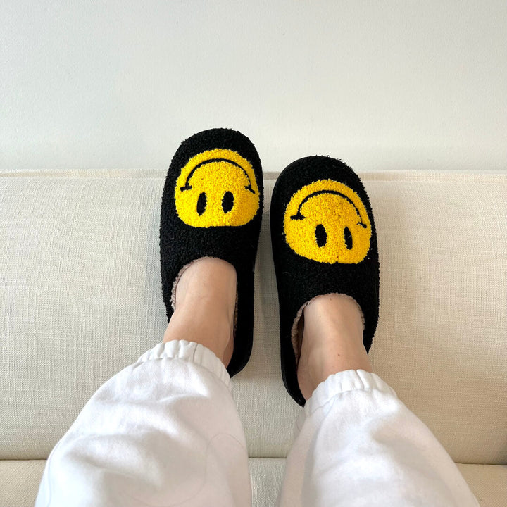 Ladies Slippers - CheerUp-Black with Yellow Smiley-3.0 - 4.0-Nora Luxe