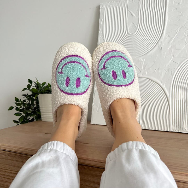 Ladies Slippers - CheerUp-White with Aqua/Pink Smiley-3.0 - 4.0-Nora Luxe