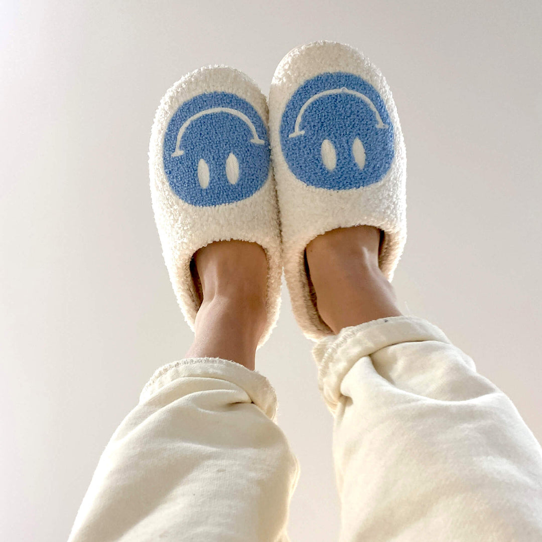 Ladies Slippers - CheerUp-White with Blue Smiley-3.0 - 4.0-Nora Luxe