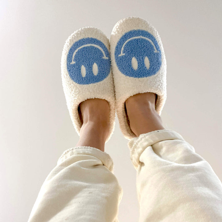 Ladies Slippers - CheerUp-White with Blue Smiley-3.0 - 4.0-Nora Luxe