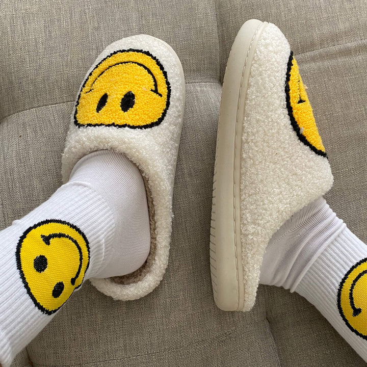 Ladies Slippers - CheerUp-White with Yellow Smiley-3.0 - 4.0-Nora Luxe