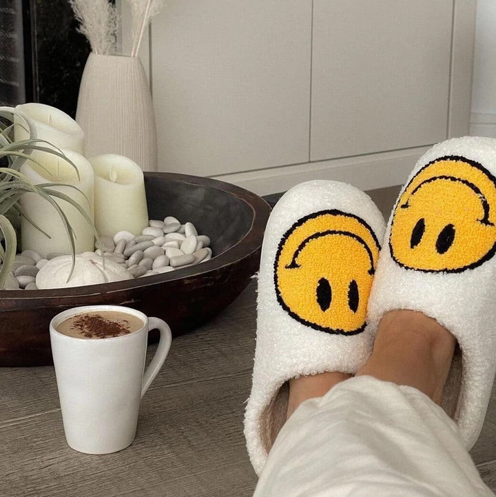 Ladies Slippers - CheerUp-White with Yellow Smiley-3.0 - 4.0-Nora Luxe