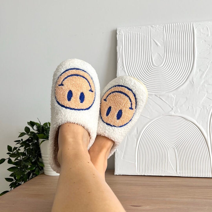 Ladies Slippers - CheerUp-White with Yellow Smiley Retro-3.0 - 4.0-Nora Luxe