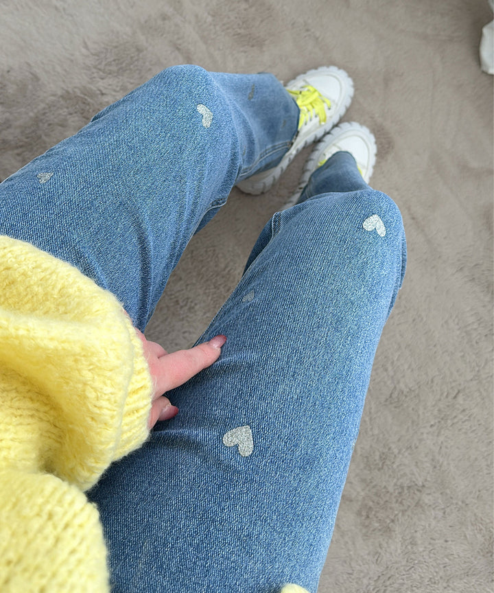 Ladies Stretch Jeans with Wide Legs and Heart Print - Amelie-XS-Nora Luxe