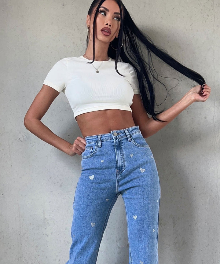 Ladies Stretch Jeans with Wide Legs and Heart Print - Amelie-XS-Nora Luxe