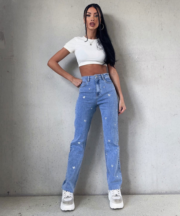 Ladies Stretch Jeans with Wide Legs and Heart Print - Amelie-XS-Nora Luxe