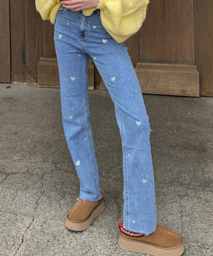 Ladies Stretch Jeans with Wide Legs and Heart Print - Amelie-XS-Nora Luxe