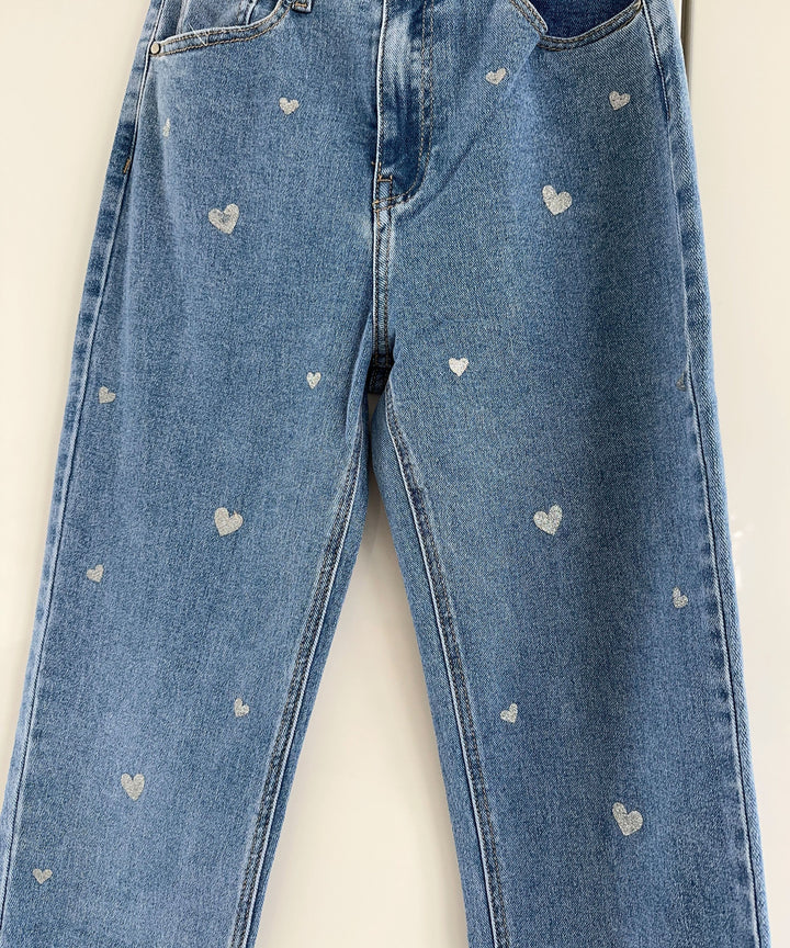 Ladies Stretch Jeans with Wide Legs and Heart Print - Amelie-XS-Nora Luxe