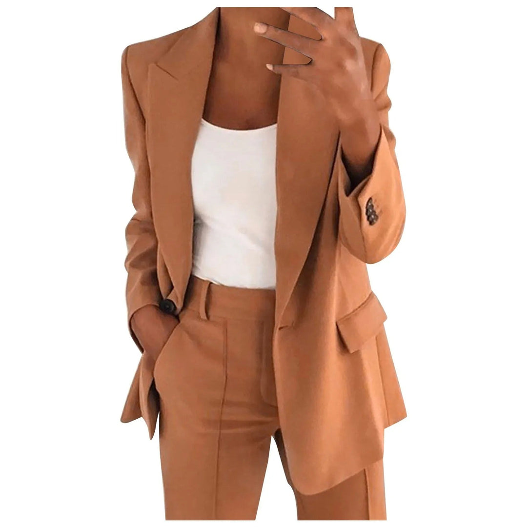 Ladies' Suit Set with Blazer and Trousers in Plain Colour - MiraSet-Khaki-S-Nora Luxe