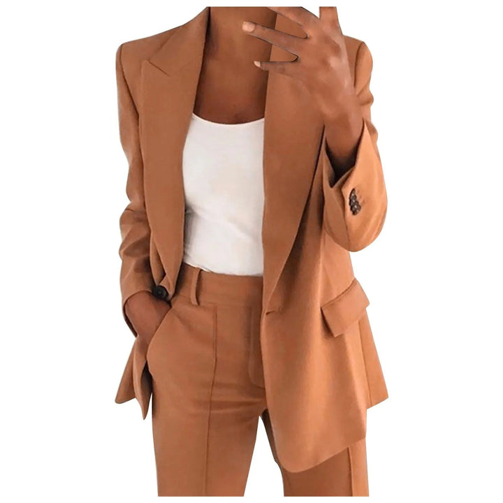 Ladies' Suit Set with Blazer and Trousers in Plain Colour - MiraSet-Khaki-S-Nora Luxe