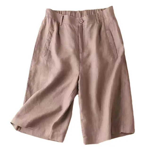 Ladies' summer shorts made of linen-cotton blend in knee length – Elvira-Khaki-S-Nora Luxe