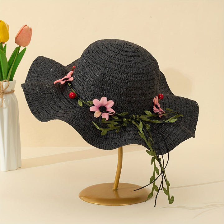 Ladies' Summer Straw Hat with Flower and Fruit Details – Solène-Black-State of Style