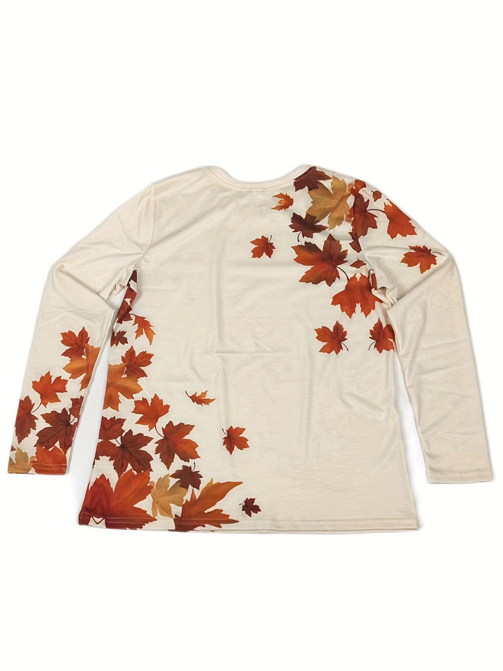 Ladies T-shirt with Maple Leaf Print and Long Sleeves - Elayna-S-Nora Luxe