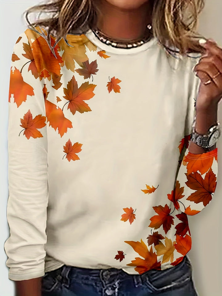 Ladies T-shirt with Maple Leaf Print and Long Sleeves - Elayna-S-Nora Luxe