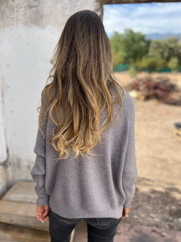 Ladies' V-Neck Sweater - Camille-Gray-S-Nora Luxe