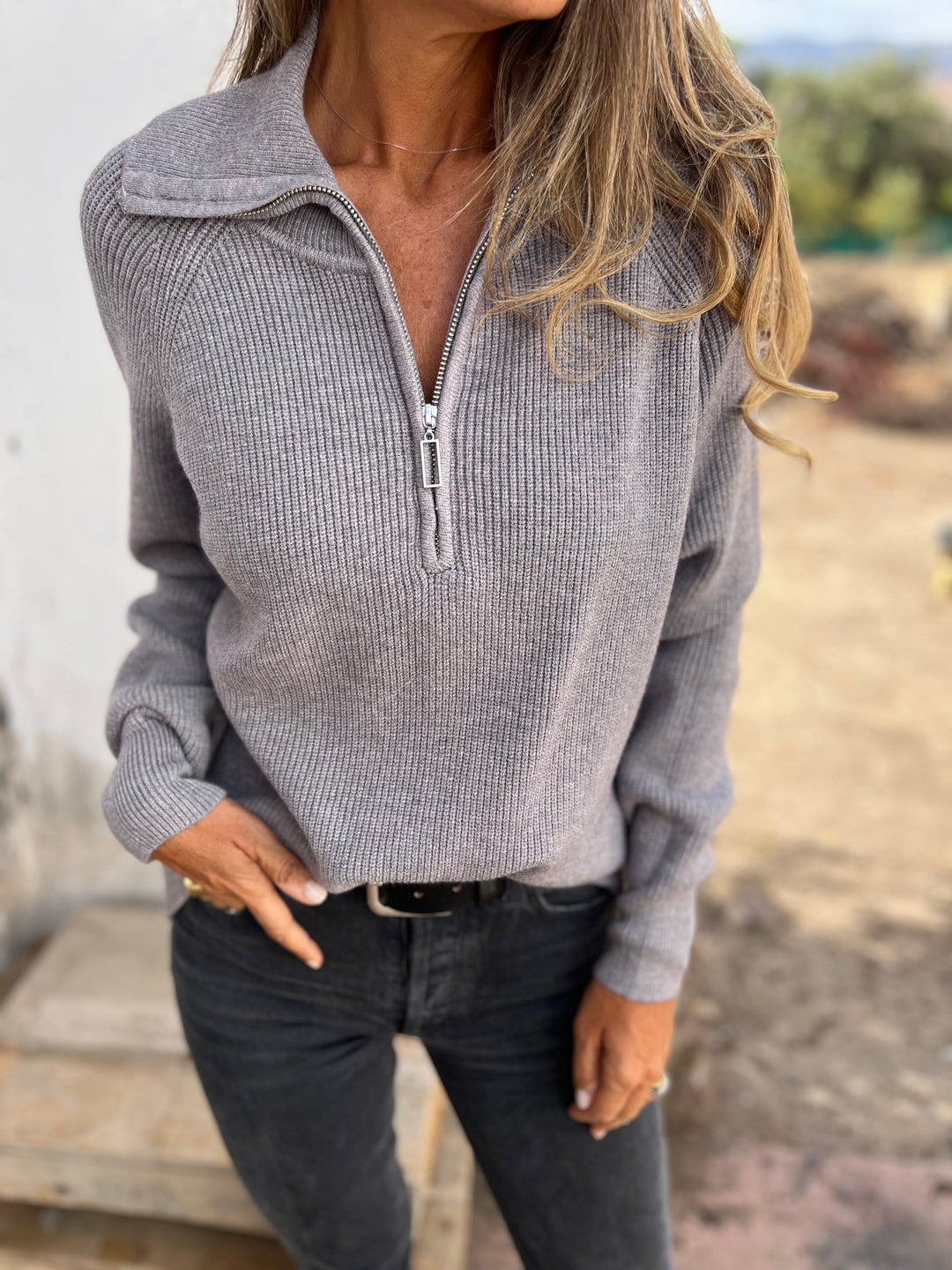 Ladies' V-Neck Sweater - Camille-Gray-S-Nora Luxe