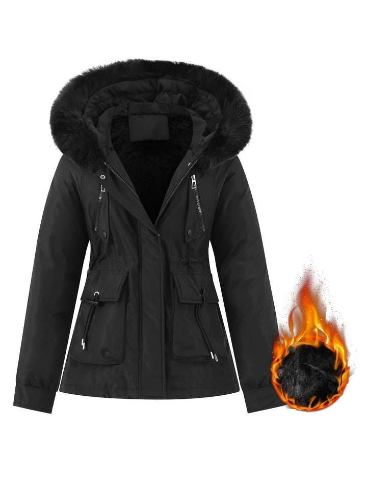 Ladies' Winter Coat with Detachable Fur Hood - Noëlle-Black-XS-Nora Luxe