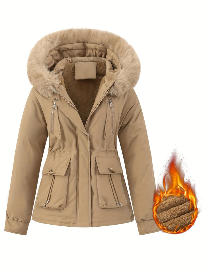 Ladies' Winter Coat with Detachable Fur Hood - Noëlle-Khaki-XS-Nora Luxe