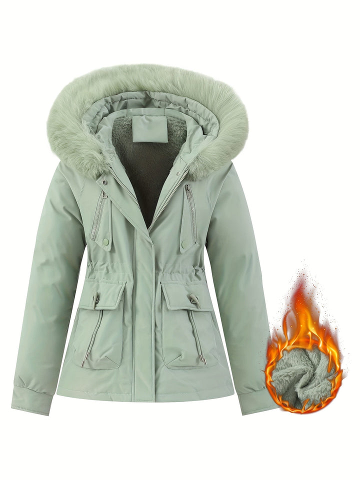 Ladies' Winter Coat with Detachable Fur Hood - Noëlle-Light Green-XS-Nora Luxe