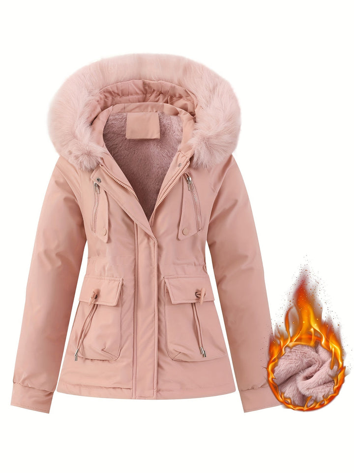 Ladies' Winter Coat with Detachable Fur Hood - Noëlle-Pink-XS-Nora Luxe